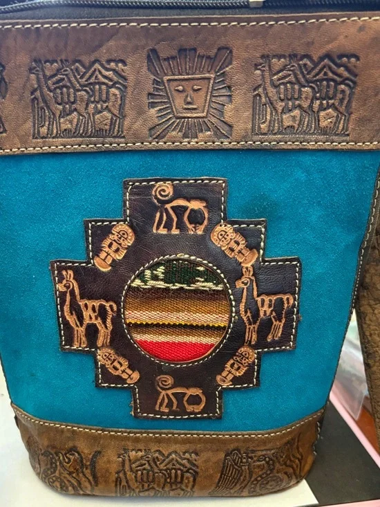 Handcrafted Peruvian Handcrafted Turquoise & Brown Embossed Crossbody Bag - Picture 11 of 12